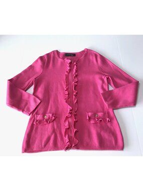Kasper Cardigan Sweater Womens Small Pink Ruffles Full Zip Pockets Preppy Spring
